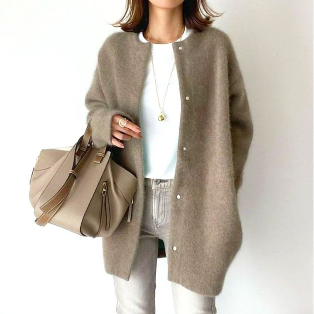 Coffee Long Sleeve Button Front Cardigan, L